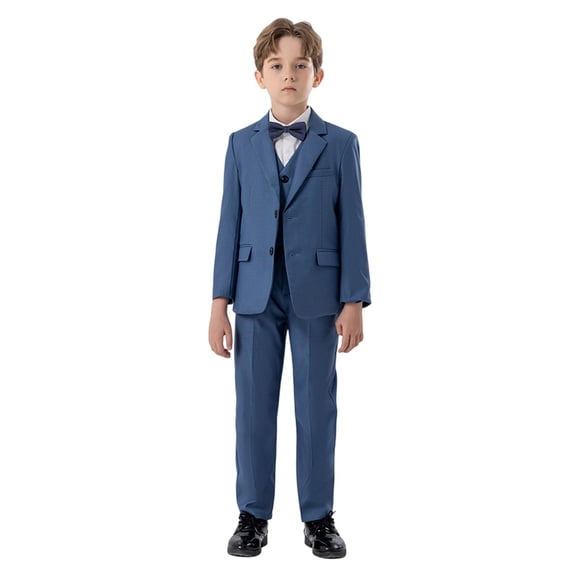 CPNG Teen Boys Toddler Gentleman Kids Formal Outfits Long Sleeve Suit Clothing Shirt Vest Pant Bow Tie Wedding Outfit(Blue,3-4 Years)