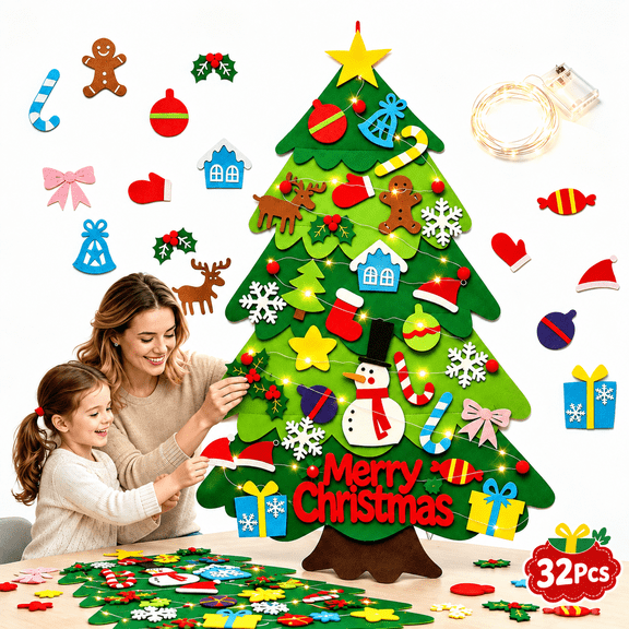 DIY Felt Christmas Tree with Lights, Felt Christmas Tree Wall Decorations with Ornaments for Holiday Party