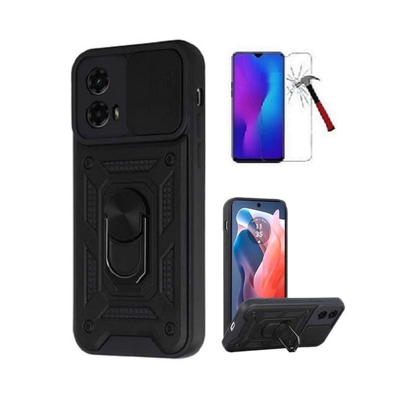 Phone Case for Motorola Moto G Power 5G 2024, [Built in Slide Camera Cover] Ring Kickstand Case Cover   Tempered Glass (Black)