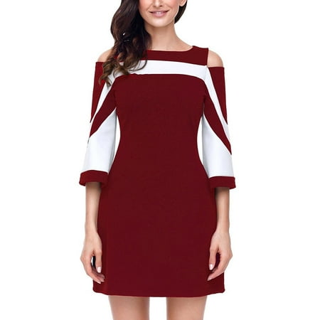Women's Color Block Cold Shoulder A-line Dress