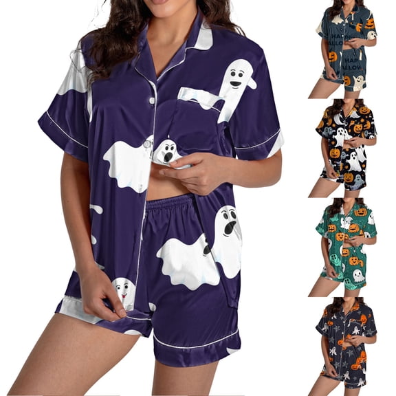 Purple Family Halloween Pajamas Silk Imitation Button Top and Shorts Pumpkin Print Lounge 2026 Pjs Sleepwear Short Sleeve Funny S