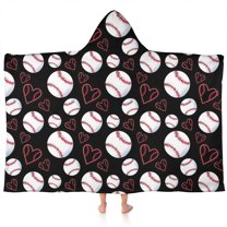 Black Baseballs and Hearts Pattern Hooded Bath Towel，60"x35" for Ages 3 To 12 Kids, Quick Dry Lightweight Soft Microfiber Hood Beach Towel Cover Up for Kids