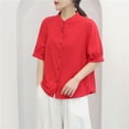 thumbnail image 4 of JGGSPWM Women Soft Lightweight Linen Short Sleeve Stand Collar Button-Down Loose Fit Casual Summer Top Blouse Red M, 4 of 6