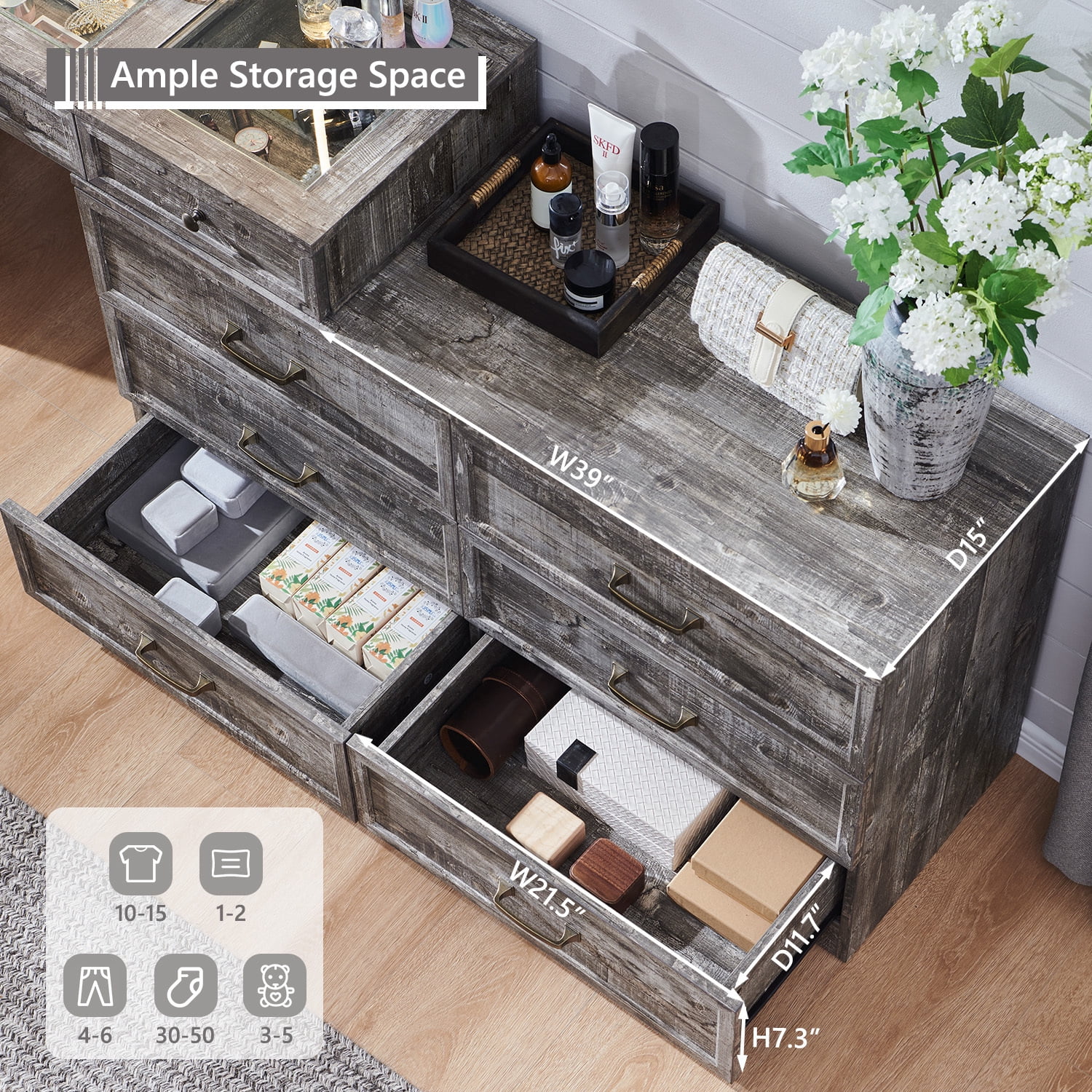Farmhouse Vanity Desk with Glass Top, Corner Makeup Vanity Set with 30" HD Led Mirror and 3 Color Available Lights, 9 Storage Drawers, Wood Vanity Table for Bedroom