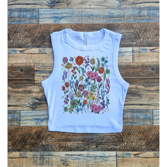 Wild Floral Crop Tank Top, Wildflower Rib Racer Tank, Vintage Boho Cottagecore,
