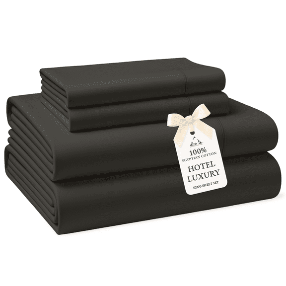 Casa Platino King Sheets Set – 100% Egyptian Cotton Bed Sheets, Hotel Style Luxury Sateen Finish, Easy Care, 15” Deep Pocket Fitted Sheet, No Pill – Charcoal