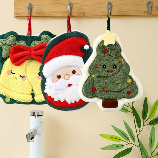 Toallas de mano navideñas, tela de floc - 23,5x21 cm, diseño multicolor navideño, rápida absorción y secado, aro colgante para decorar la cocina del baño