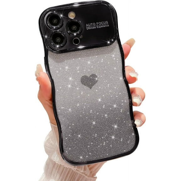 for iPhone 15 Pro Case [Compatible with MagSafe] Plating Gardient Glitter Water Ripple Back Cover for Women Girls Silicone Love Heart Phone Case for iPhone 15 Pro 6.1 Inch Black