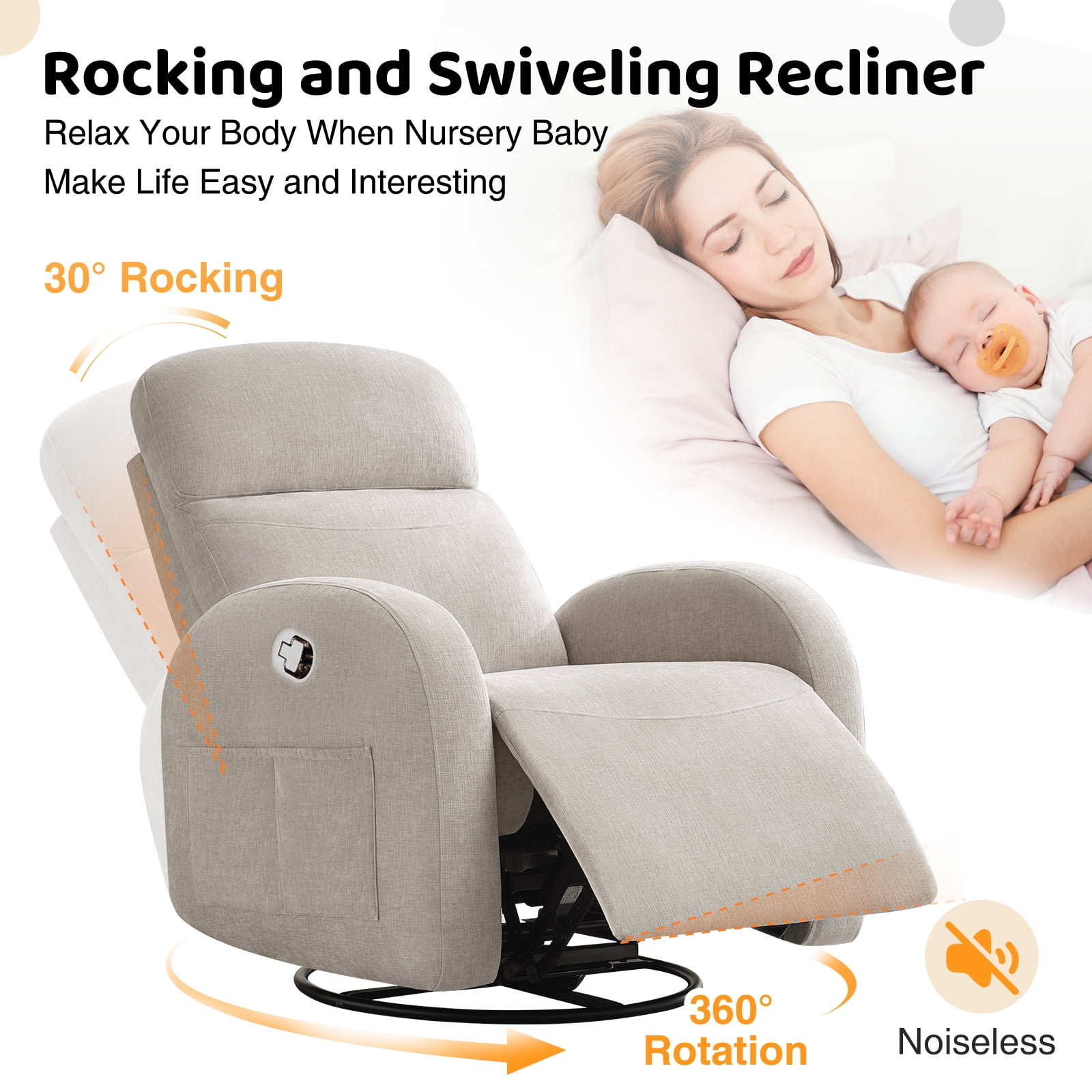 Aemeios Chenille Swivel Rocker Glider Manual Recliner Nursery Rocking Chair with Double Pockets, Camel