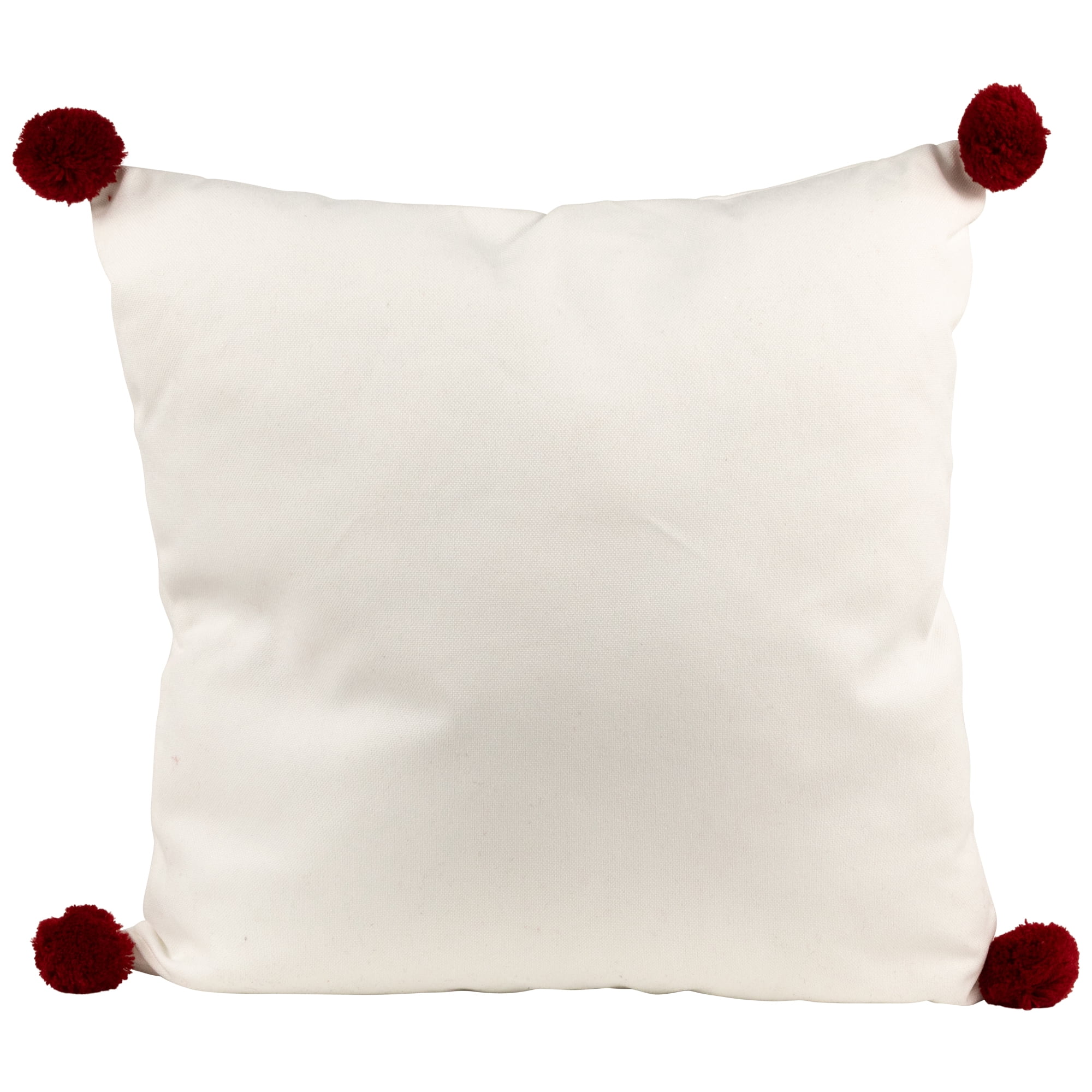 16" White and Red Christmas Tree Embroidered Square Throw Pillow with PomPoms