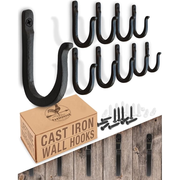 Railroad Spike Cast Iron Hooks (10 Pack) Handmade Blacksmith, Wall Mounted Farmhouse Decorative Hooks, PowderCoated for Interior or Exterior Use, Rust Proof Hanging Coats, Bags Pots (Black)