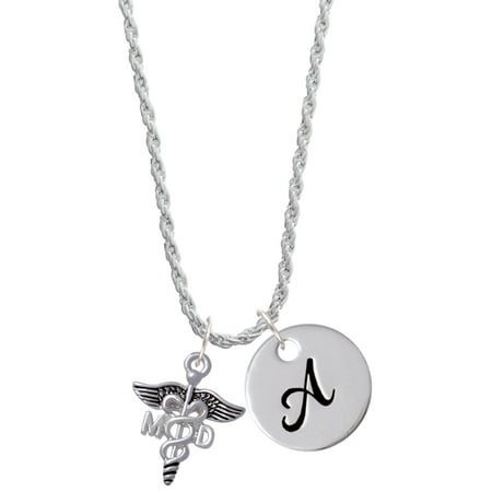 Delight Jewelry Silvertone Caduceus - MD Silvertone Script Initial Disc - A - Charm Necklace, 20"+3"