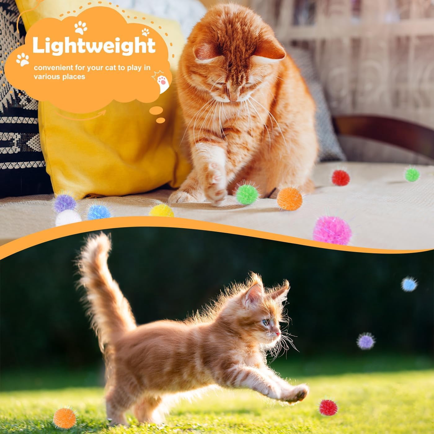 60 Pcs Cat Pom Pom Balls, Interactive Cat Toys, Sparkle Balls for Cats, Extra Large and Fuzzy for Exercise and Entertainment, Multicolor, 1.5 Inch
