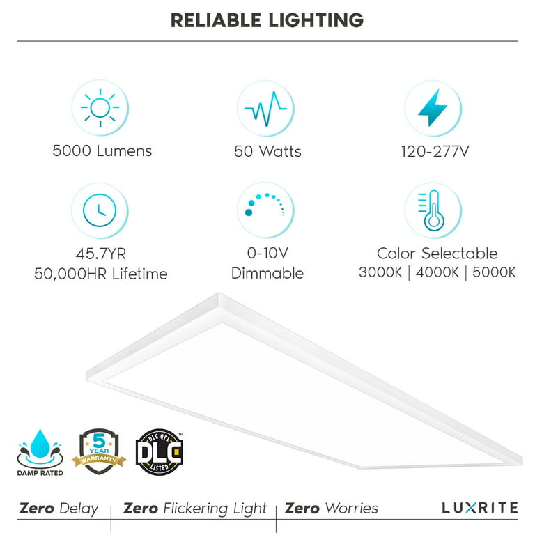 Luxrite 2X4 Ft Surface Mount Led Flat Panel Light, 3 Color Selectable, 5000  Lumens, Dimmable, 120-277V, Damp Rated, Ul Certified - Walmart.Com
