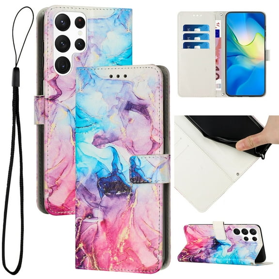 Compatible for Galaxy S23 Ultra Wallet Case, Samsung S23 Ultra Wallet Case[Stand Feature] [Wrist Strap] [Credit Cards Holder] New Marble Pattern Premium PU Leather Flip Protective Cover,Pink