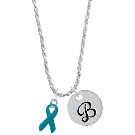 Delight Jewelry Silvertone Teal Ribbon Silvertone Script Initial Disc - B - Charm Necklace, 20"+3"