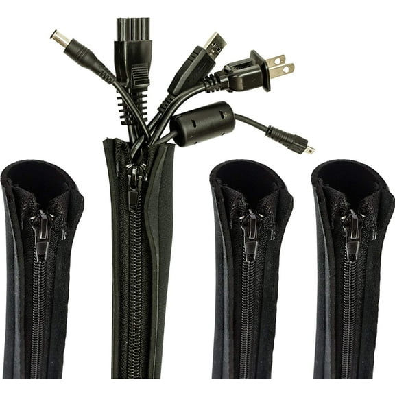 Cable Management Sleeve, 4 Pack, 20 Inch Cord Organizer System with Zipper for TV Computer Office Home Entertainment, Flexible Cable Sleeve Wrap Cover Wire Hider System - Black