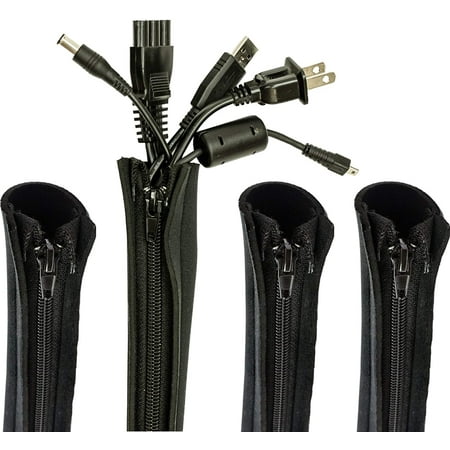 Cable Management Sleeve 4 Pack 20 Inch Cord Organizer System with Zipper for TV Computer Office Home Entertainment Flexible Cable Sleeve Wrap Cover Wire Hider System - Black