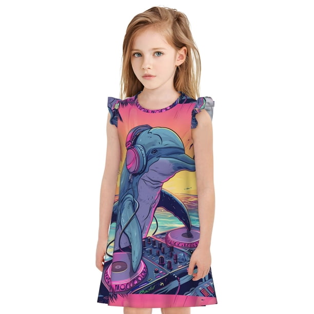 Fotbe Hip-Hop DJ Dolphin Vestido de Dormir para Niñas de 3 a 10 Años, Mangas Cortas, Estilo Princesa, Pijama Camisón con Mangas Voladas-Medium