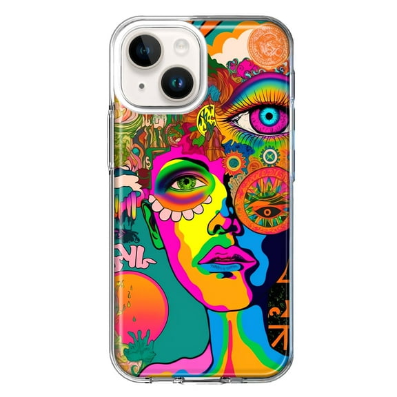 MUNDAZE Case for Apple iPhone 15 Plus Hybrid Shockproof Slim Hard Soft TPU Shell Heavy Duty Protective Phone Cover - Neon Rainbow Psychedelic Hippie One Eye Pop Art