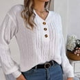 thumbnail image 4 of TFEOQRY Pullover Sweater for Women Hollow Solid Color Casual Button Knitwear Long Sleeved V-Neck Sweater Top White, 4 of 8