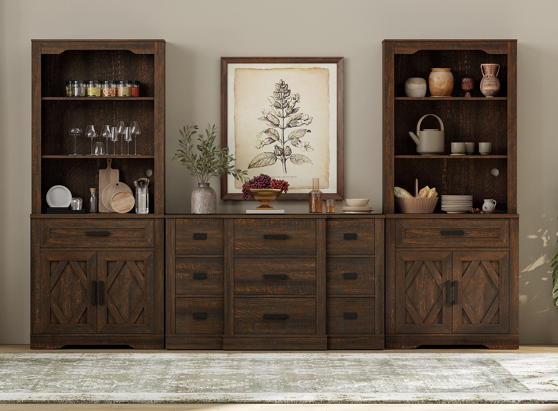 WAMPAT Farmhouse Entertainment Center with Bookshelf for TVs up to 60",Mid Century Modern TV Stand with 73"H Tall 5-Tier Bookcase with Open Storage and Barn Doors for Living Room,Bedroom,Brown