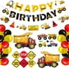 Construction Birthday Party Supplies Set with Happy Birthday Banner,Balloon,Garbage Dump Truck Cupcake Topper,Traffic Signfor Kid Vehicles Party Decorations(57 Pack)