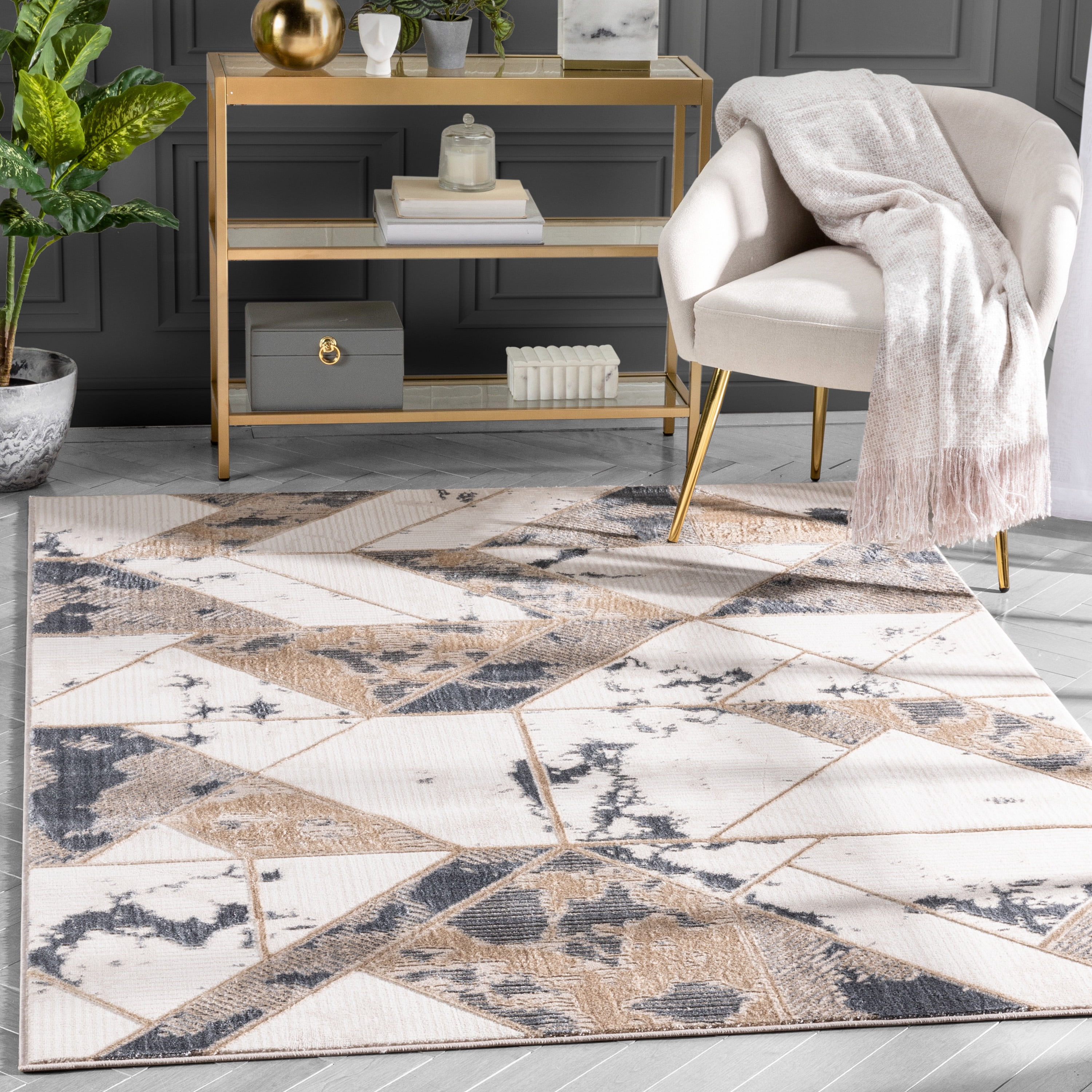Well Woven Nikkie Abstract Ivory Geometric Boxes Soft Glam Area Rug (5 ...