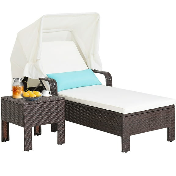 Gymax 2 Pieces Rattan Lounge Chair Chaise w/ Side Table Folding Canopy Cushion Pillow Patio