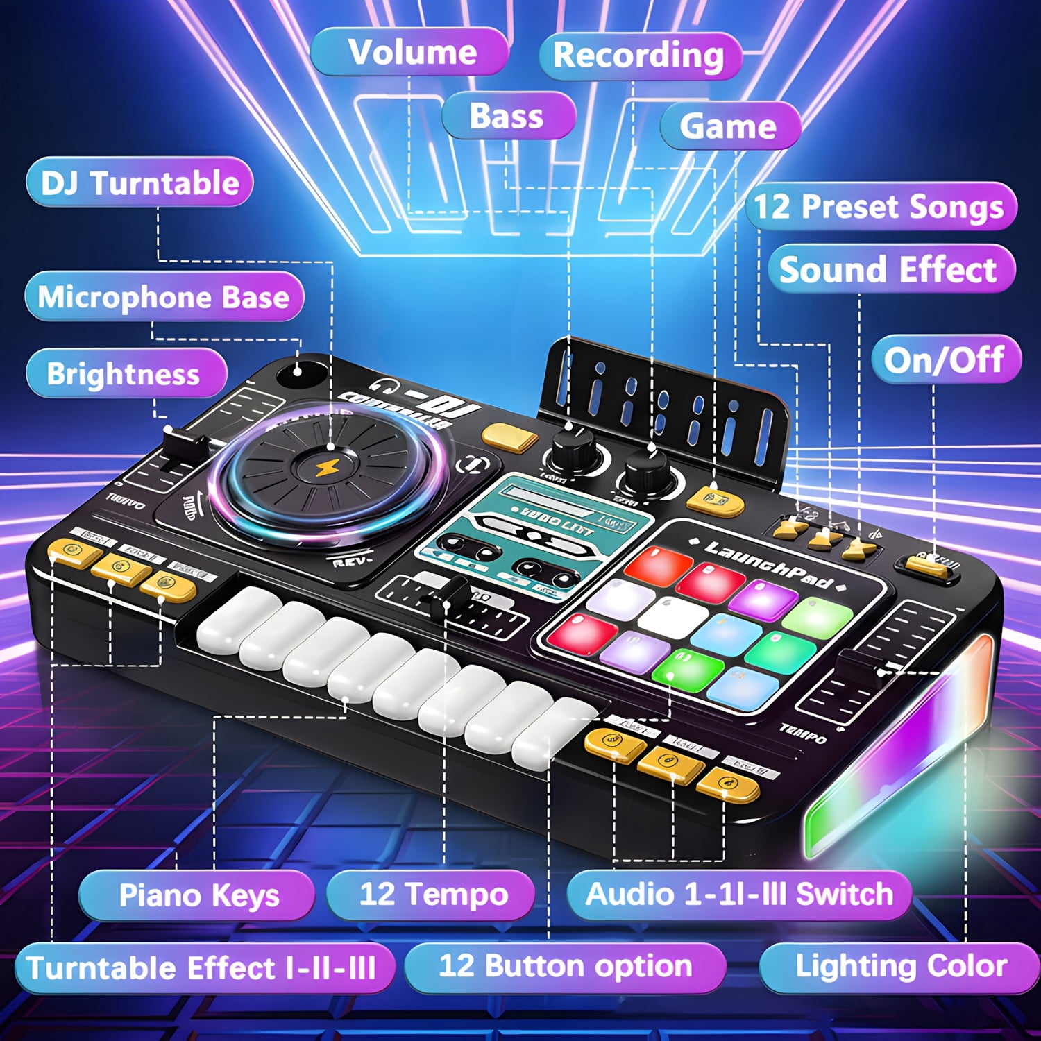 All-in-One DJ Mixing Controller with Electric Keyboard, Sound Effects & Recording Functions for Kids