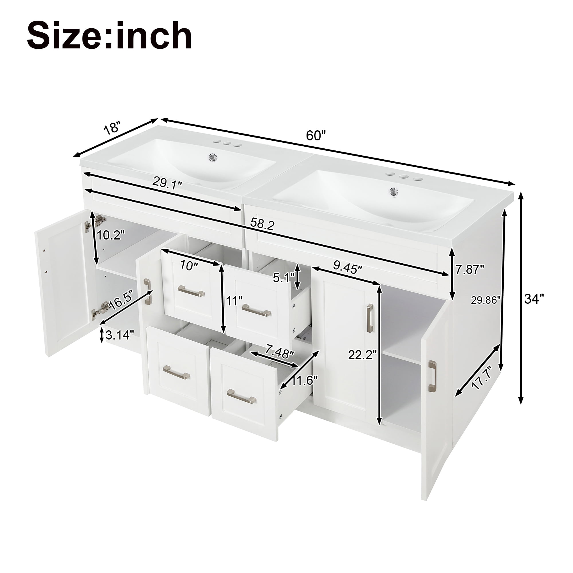 Harper & Bright Designs 60 inch Double Sink Bathroom Vanity, Free Standing Basin Vanity Set with 4 Cabinet Doors, 4 Drawers, 2 Adjustable Shelves, Hidden Soft-Close Drawers & Soft-Close Hinges, White