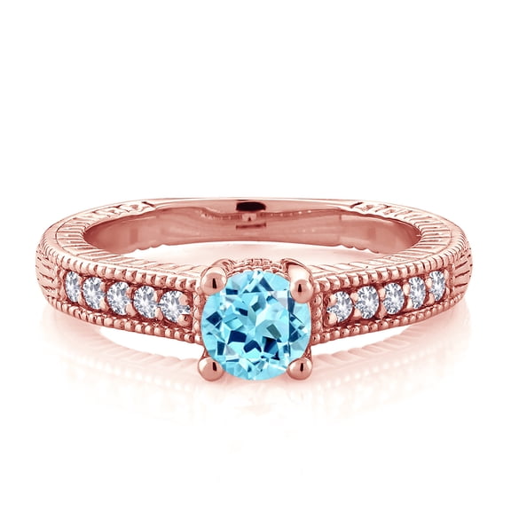 Gem Stone King 18K Rose Gold Plated Silver Blue Apatite and White Created Sapphire Women's Solitaire Ring with Accent Stones (0.65 Cttw, Round Shape 5MM, Size 9)
