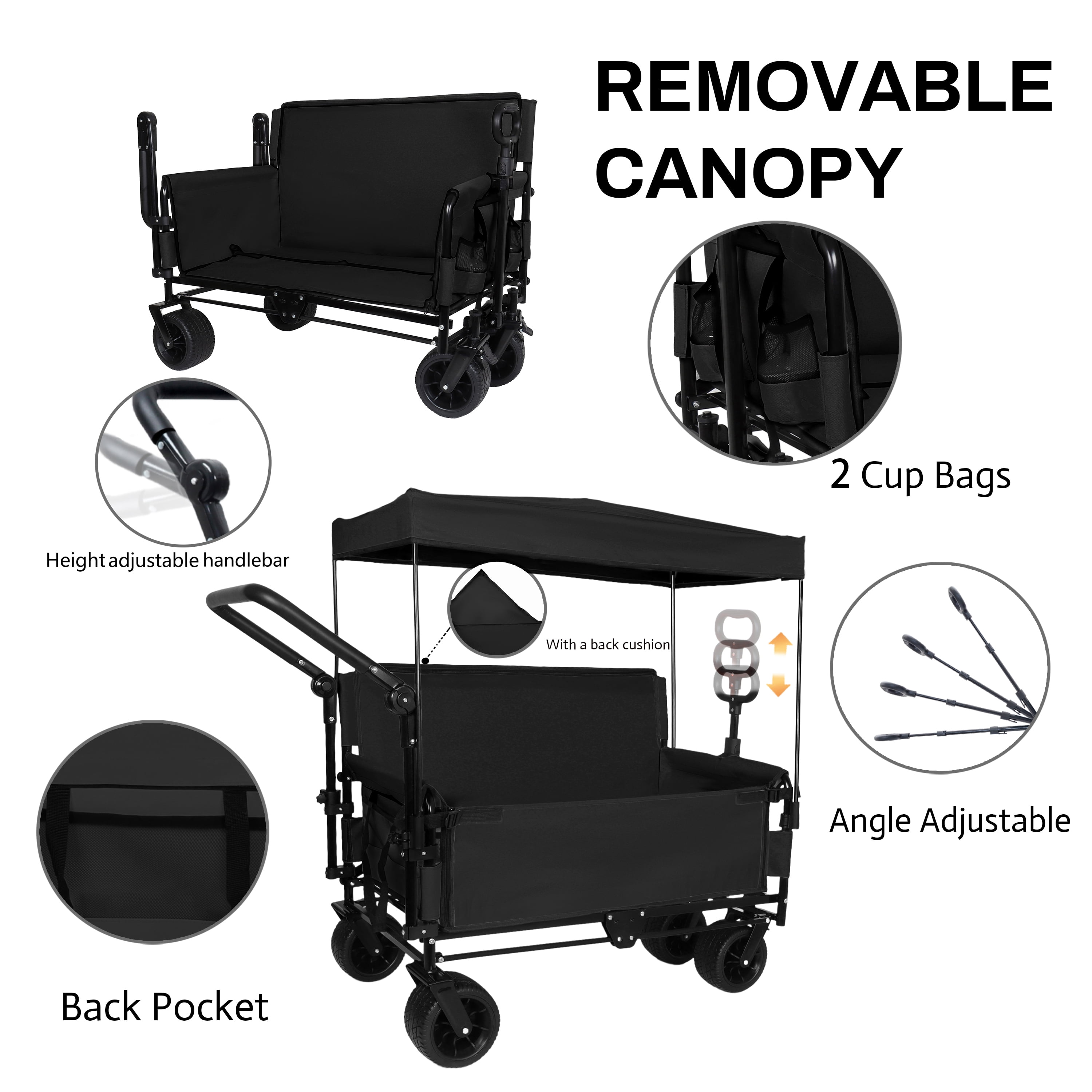 JXXRZ Folding Wagon with Seat & Canopy, 500lbs Heavy Duty All-Terrain Beach Cart, Black