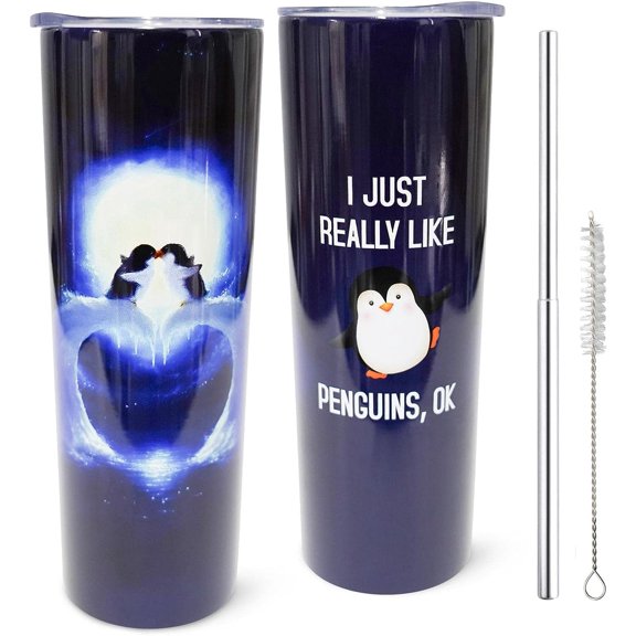 Penguin Gifts for Women - Penguin Iced Coffee Tumbler with Lid and Straw, Cute Travel Coffee Mug Spill Proof Insulated for Hot and Cold Drinks,20 oz Tumbler Birthday Gifts for Women Mothers Day Gifts