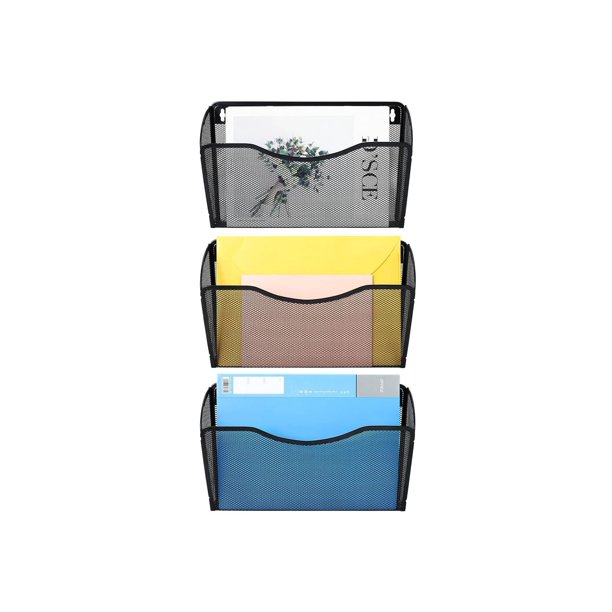 3 Pockets Hanging File Holder Organizer Metal Wall Mount Magazine Rack, Black