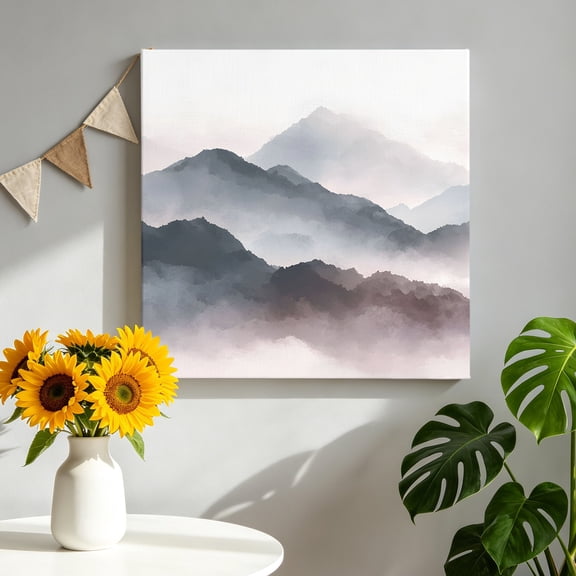 Mountain Peak Canvas Wall Art for Living Room, Modern Mist Gray Black Gradient Fog Country Poster Print Painting for Bedroom Office Home Decoration Wall Pictures Prepare To Hang 8"x8"
