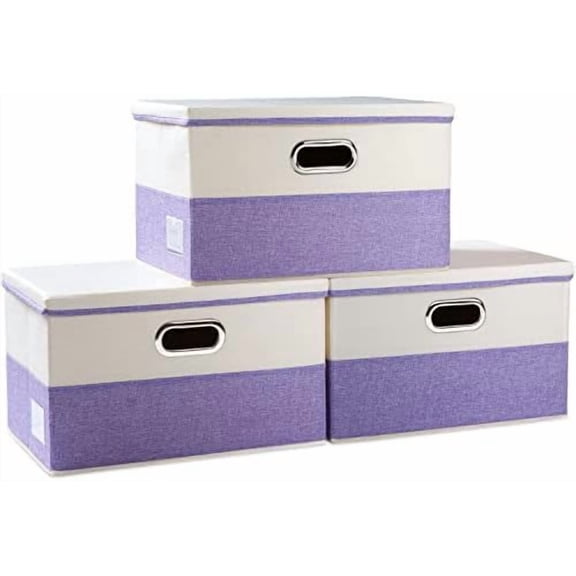 Large Foldable Storage Bins with Lids [3-Pack] linen Fabric Decorative Storage Boxes Organizer Containers Baskets Cube with Handles Divider for Bedroom Closet Purple&Cream(17.7x11.8x11.8)