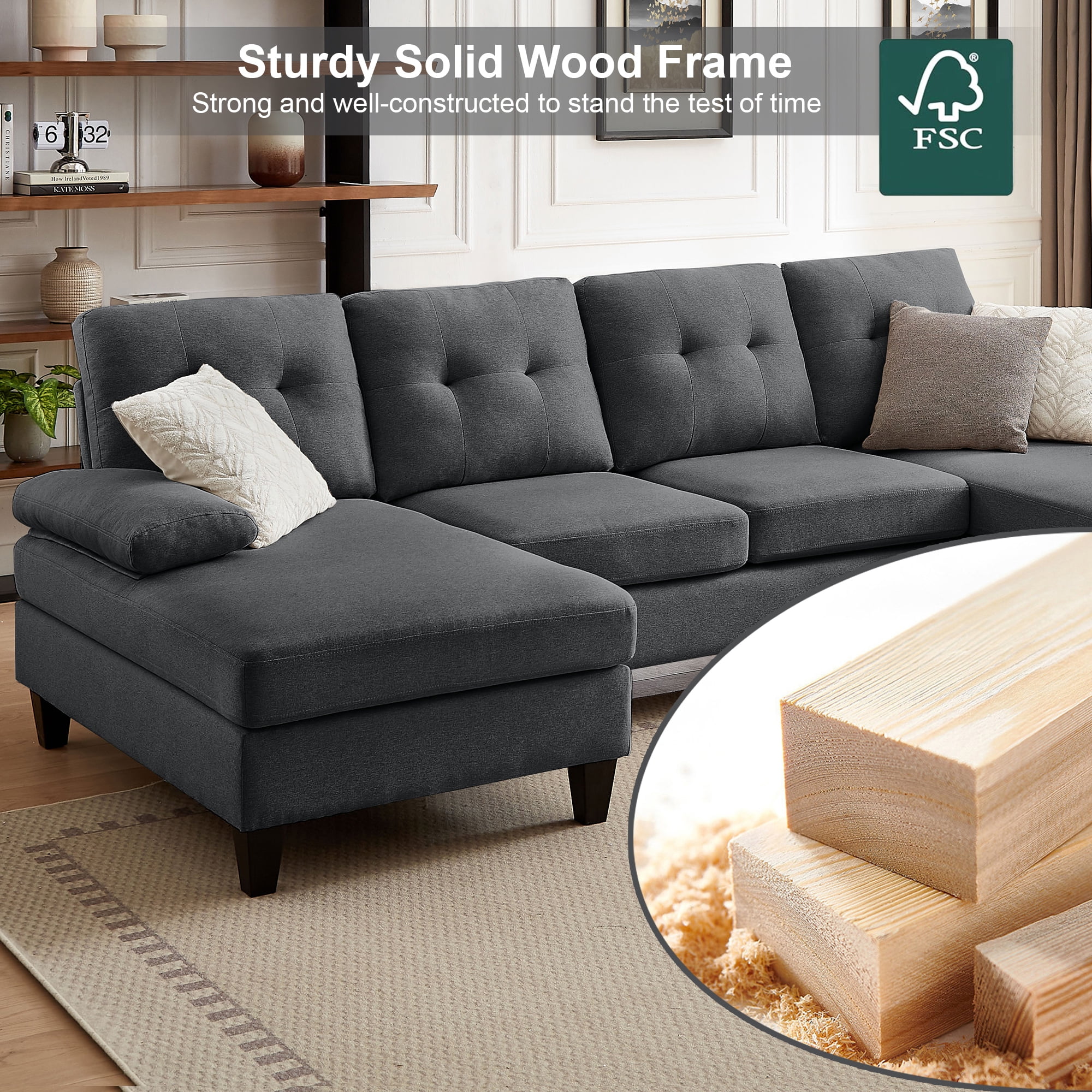 Soscana 105" Sectional Sofa U Shaped Couch with Double Chaises, Modern Linen Sofa Oversized 4 Seater Couch for Living Room, Apartment, Office, Studio