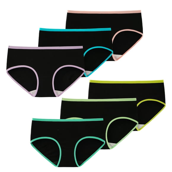 INNERSY Girls Underwear Cotton Briefs Panties for Teens 6-Pack(10-12years,Black With Neon Hem)