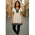 thumbnail image 2 of Women White with Golden Floral Design tunic with Green and gold trim, V-neck, Short Sleeves, Kurti, Kurta Tunic Top., 2 of 5