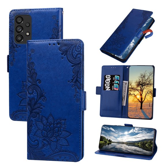 Jiahe Cover Wallet Case for Samsung A53 5G Card Holder Kickstand Flip Cover Embossed Floral Flower Lanyard Protective Soft PU Leather Skin Case,Darkblue