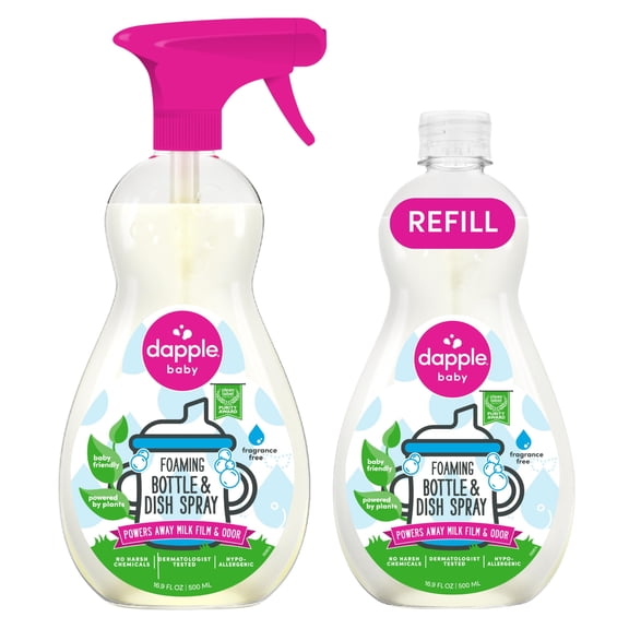 Dapple Baby Bottle & Dish Foaming Power Spray, Hypoallergenic Dish Soap for Baby Bottles, Powered by Plants, Fragrance Free, 16.9 Fl Oz (Pack of 2)