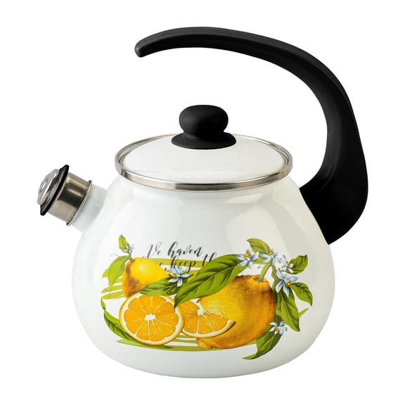 Novomoskovsjka Posuda Lemon Enamel Kettle with Whistle 2.7 Qt (2.5 L) Enameled Steel Stovetop Kettle with Ergonomic Handle Tea Kettle Tea Pot for Stove Top Enamelware Kitchen Kettle, White Yellow