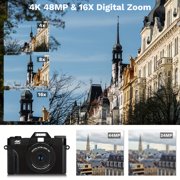 4K Vlogging Camera for YouTube 48MP Digital Camera for Photography with 180°Flip Screen, 16X Digital Zoom Manual Focus Students Camera, Wide Angle & Macro Lens, 64GB SD Card, 2 Batteries (black)