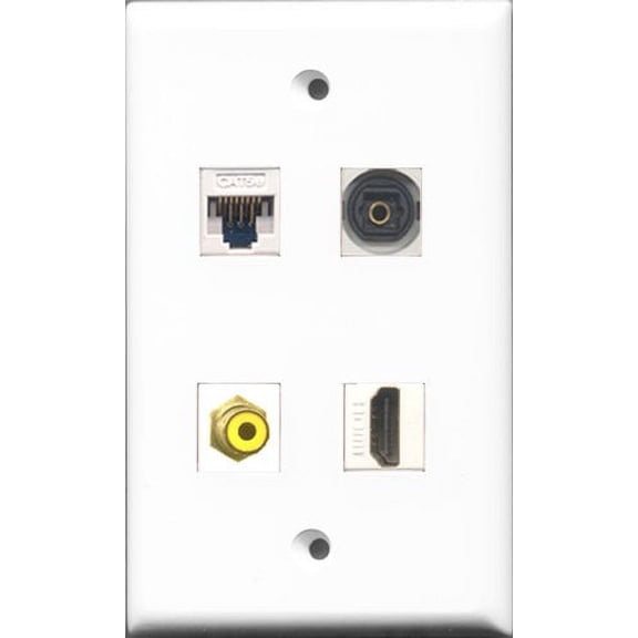 RiteAV 1 Port HDMI and 1 Port RCA Yellow and 1 Port Toslink and 1 Port Cat5e Ethernet White Wall Plate