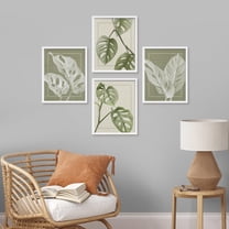 PixonSign Framed Wall Art, Tropical Monstera Sage Green Leaf Posters, Set of 4 Emerald Plant Wall Decor Prints, Nature Wilderness Wall Décor Fine Artwork for Living Room, Bedroom - 11"x14" White