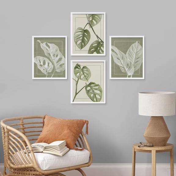 PixonSign Framed Wall Art, Tropical Monstera Sage Green Leaf Posters, Set of 4 Emerald Plant Wall Decor Prints, Nature Wilderness Wall Décor Fine Artwork for Living Room, Bedroom - 12"x16" White