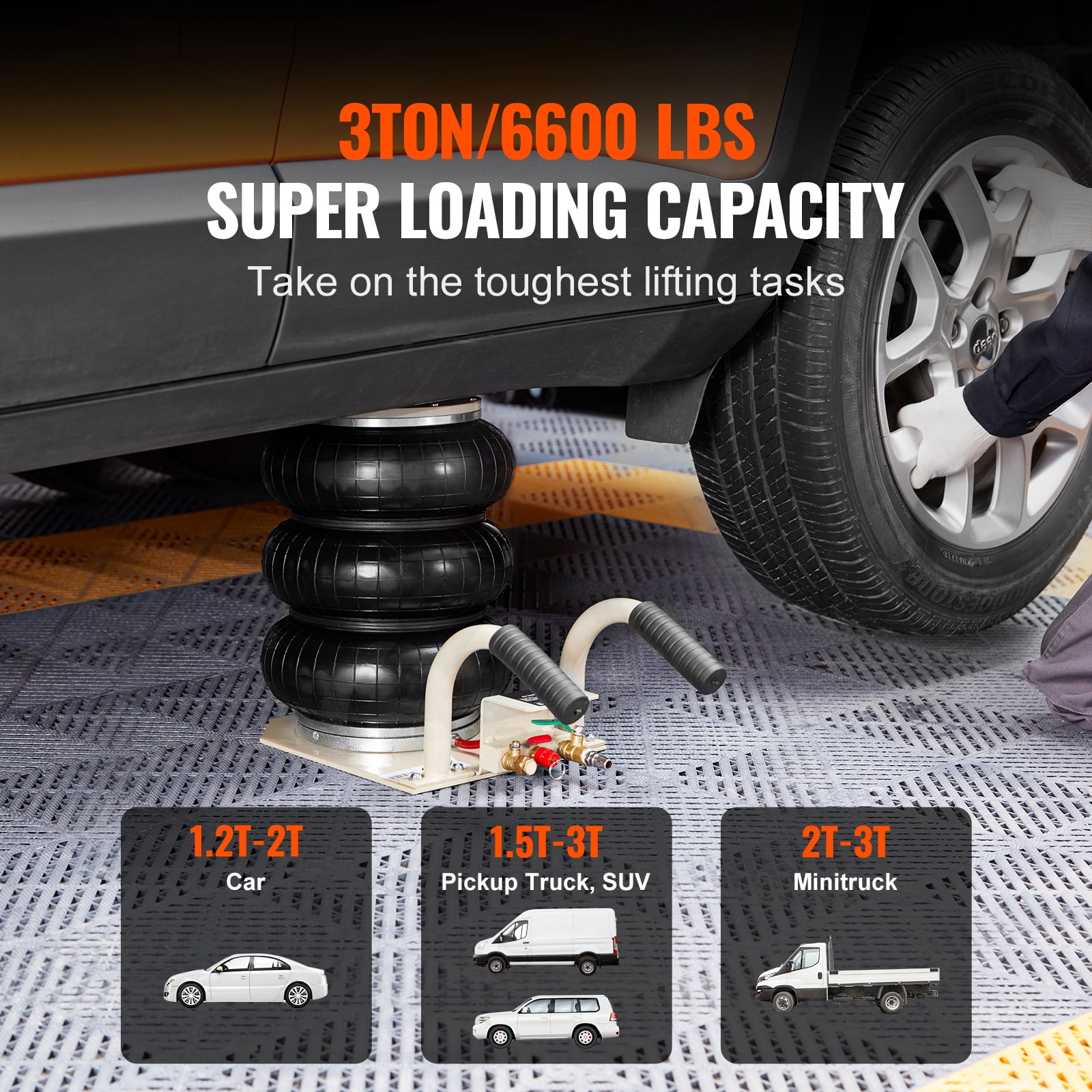 VEVOR Air Jack, 3 Ton/6600 lbs Triple Bag Air Jack, Airbag Jack with Six Steel Pipes, Lift up to 17.7 inch/450 mm, 3-5 s Fast Lifting Pneumatic Jack, with Short Handles for Car Repair, (white)
