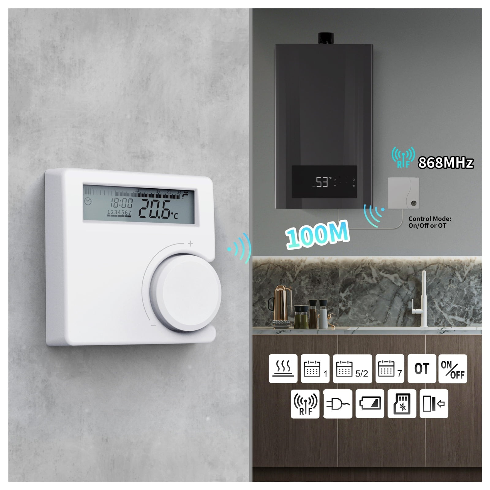 Wireless Boiler Thermostat Room Heater Low Power Battery Thermostat Digital Temperature Controller