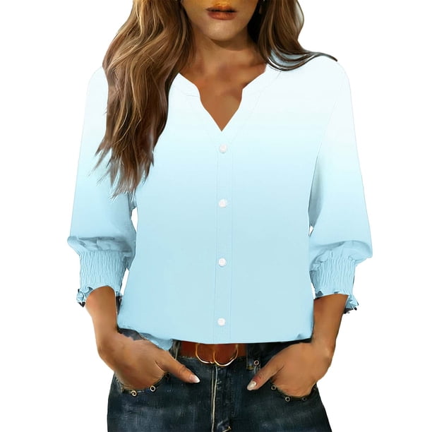 Camisas de Cuello de Tripulación de Manga Corta para las Mujeres, Cardigan con Cuello en V con Mangas 3/4